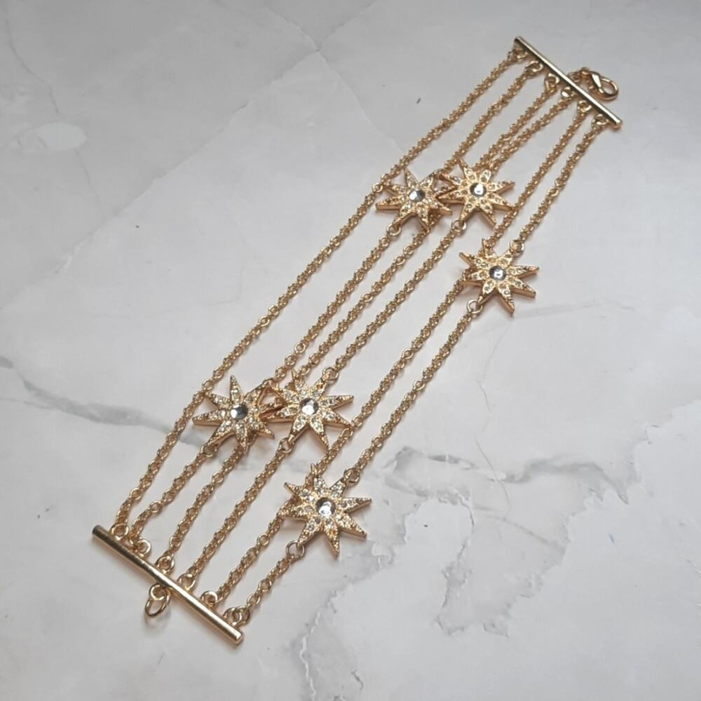 Gold Tone Chain Bracelet with Rhinestone Stars